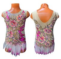 Купальник для худож. Гимнастики р.36 рост 140-146 артикул 10207 фуксия с персиковыми цветами