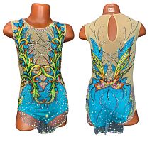 Купальник для худож. Гимнастики  артикул 10175  р.32 рост 128-134 бирюзовый с узором 