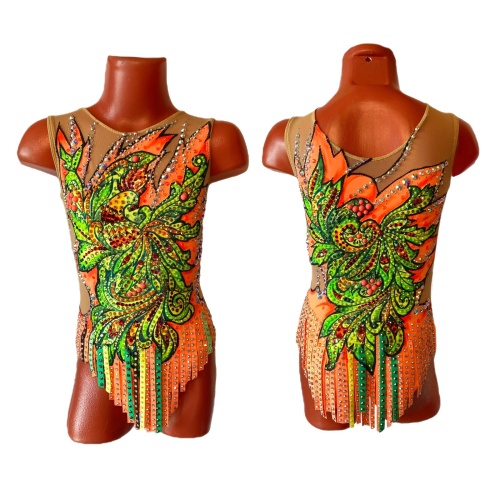 Купальник для худож. Гимнастики р.28 рост 116-122 артикул 10606 Персиковый с жар птицей