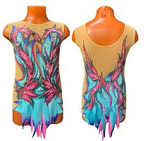 Купальник для художественной гимнастики артикул 9968  р.36 рост 140-146 Голубой розовые ветки 