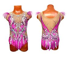 Купальник для художественной гимнастики , артикул 10143 р.34 рост 134-140 фуксия с белыми узорами