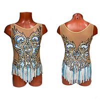 Купальник для худож. Гимнастики р.30 рост 122-128 артикул 10472 Бело-голубо-золотой.