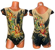 Купальник для худож. Гимнастики р.26 рост 110-116 артикул 10156 черный с цветами из страз