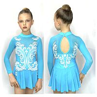 Платье для фигурн.катания р.30 рост 122-128 артикул 10599 Голубое с белым с кружевом 